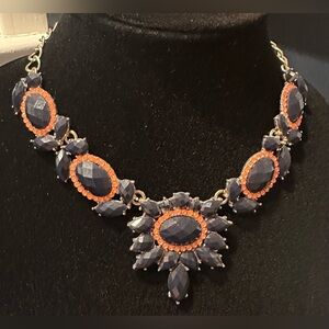 J CREW Navy Blue Orange Glass Stones Chunky, Bib- Style Statement Necklace .